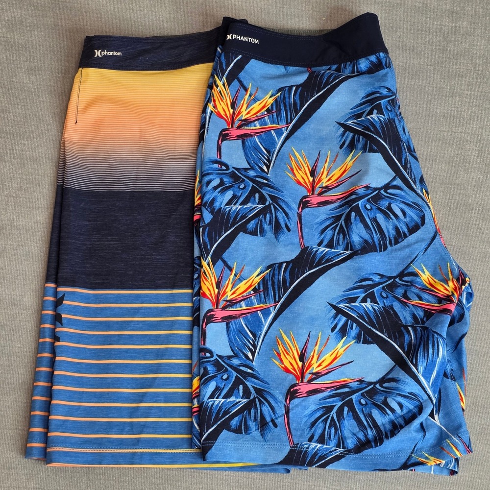 Lot of Hurley Board Shorts Mens 32 Blue Bird of Paradise Tropical Swim Trunks